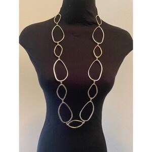 Mixed Metal Long Link Necklace Gold Silver Tone Organic Open Hoop Statement 39"
